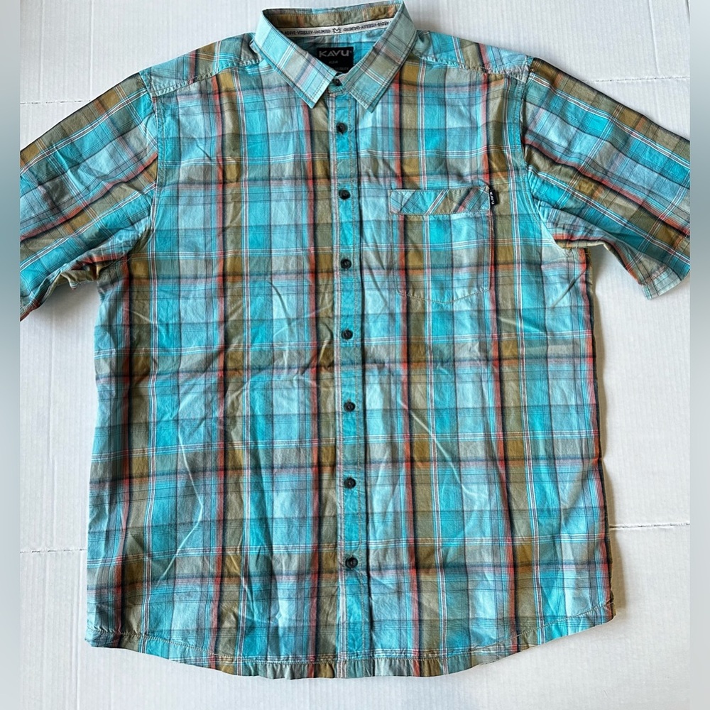 Kavu Plaid Shirt Men’s XL Short Sleeve Button Down Casual Hiking Adventure